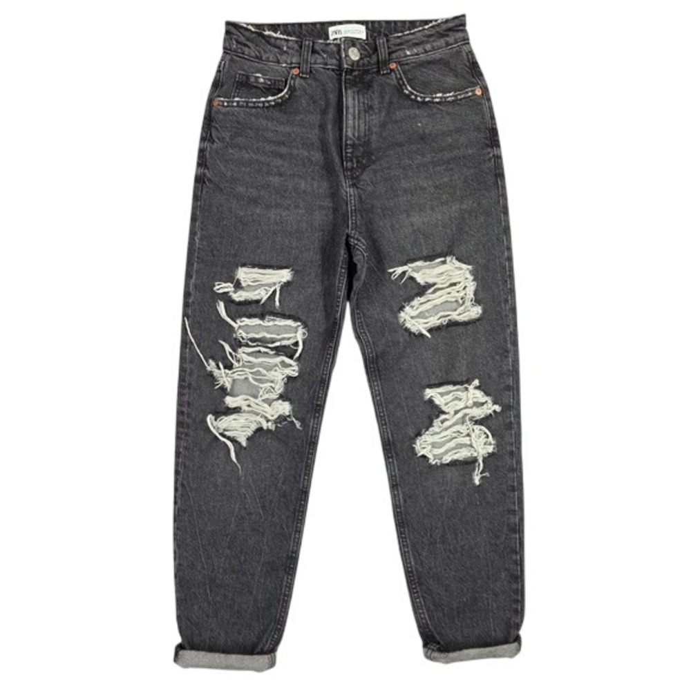 Zara Black Distressed Mom Jeans High Waisted Ripped Denim Size 4 26 0433